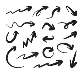 Hand drawn arrows in various directions, featuring curvy and straight lines. Vector cartoon illustration