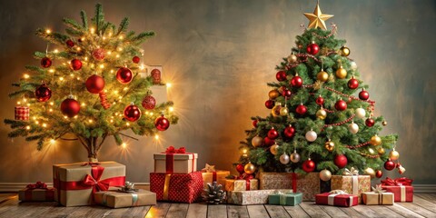 Christmas composition with beautifully decorated tree, gifts, and cozy home decor, perfect for holiday season celebration