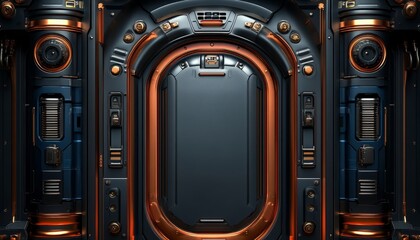 Futuristic Metallic Panel with Copper Accents and a Central Opening