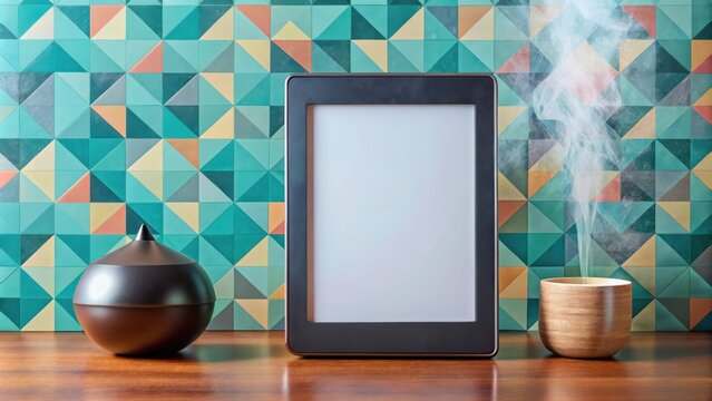 E book reader and aroma diffuser on geometric background for calm reading and relaxing
