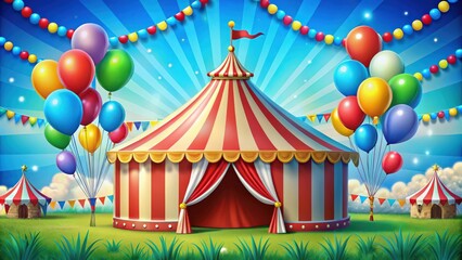 Obraz premium Colorful circus poster featuring balloons with a big top tent in the background
