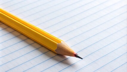 Close up of a yellow No. 2 pencil on a blank composition book college ruled paper