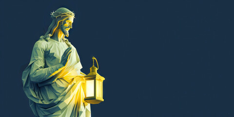 Obraz premium A minimalist statue of Jesus Christ holding a lantern, standing against a deep navy blue background.
