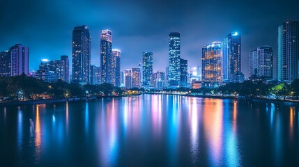 Obraz premium Mesmerizing Night Skyline: City Lights Reflecting on Calm River