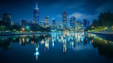 Obraz premium Stunning Nighttime City Skyline Reflections in Long Exposure Photography