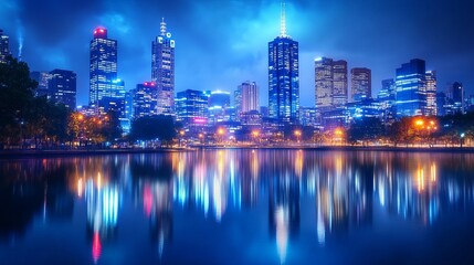Fototapeta premium Night City Skyline Reflection: Long Exposure Photography