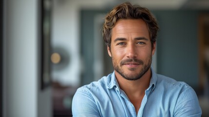 Obraz premium Happy young smiling confident professional business man wearing blue shirt, pretty stylish male executive looking at camera, standing arms crossed at grey background concept.