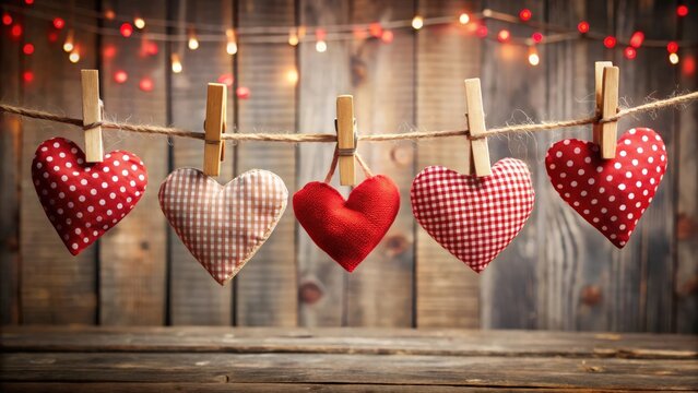 Holiday card and hearts hanging on clothesline, perfect for Valentine's Day or special occasions