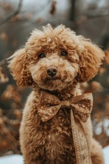 A dog wearing a bow tie sits in the snowy landscape