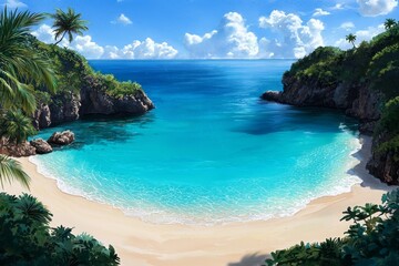 Obraz premium Watercolor depiction of a serene beach cove with turquoise waters, high-quality, tranquil beauty, secluded paradise