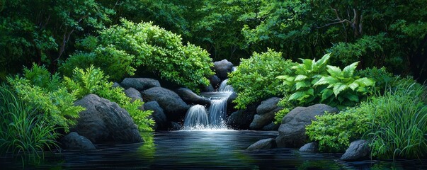 Watercolor depiction of a serene forest waterfall, high-quality, tranquil beauty, cascading water and lush greenery