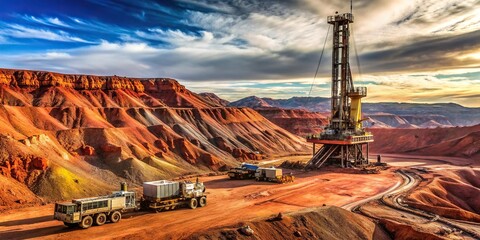 Preparation of a blast in an iron ore quarry with a drilling rig, drilling red rock for iron ore mining