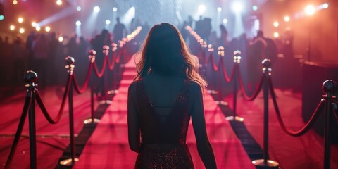 Glamorous star striding down the red carpet at a music awards event, looking assuredly towards the photographer.