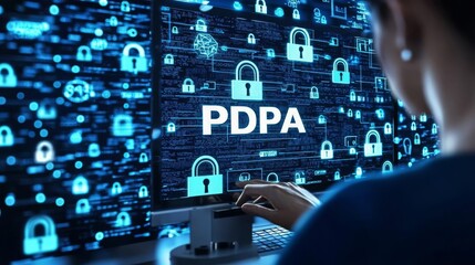 PDPA PERSONAL DATA PROTECTION ACT management Secure server room with "PDPA" text overlay, cybersecurity theme, 3D illustration