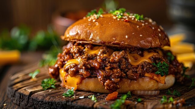 a sloppy joe sandwich on a wooden board