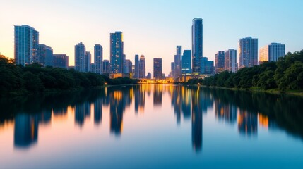 Fototapeta premium serene cityscape reflection at dawn with golden light, calm water, and majestic skyline.