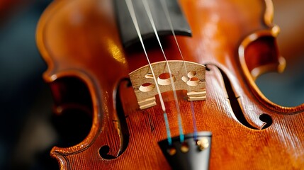 Fototapeta premium Violin Strings: Close-Up Detail of Rich Wood Grain and Fretboard