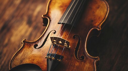 Fototapeta premium Violin Close-Up: Rich Wood Grain and Strings - Artistic Image