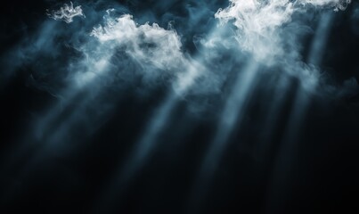 Fototapeta premium A photo of dark smoke clouds with silver light beams cutting through, creating a high-contrast look