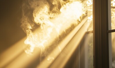 A photo of smoke billowing upward through rays of golden sunlight, creating a warm and inviting scene