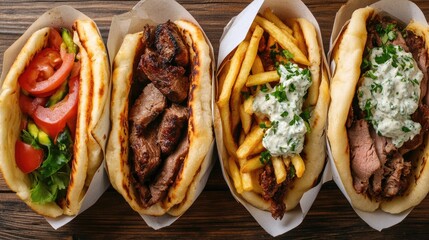 A selection of traditional Greek gyros, with juicy meat, tzatziki, and fresh pita.