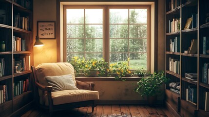 Rustic vintage reading nook by window soft warm light on rainy day