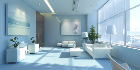 Office Space: A Comfortable Lounge Area in Soft Blues and Whites