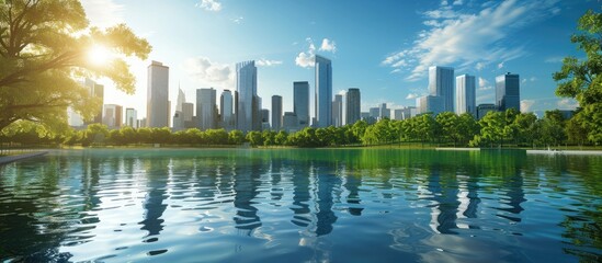 Fototapeta premium Beautiful Environment With Blue Skyscrapers And Clear Water Background