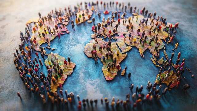 Diverse miniature people figurines on world map signify global unity and diversity