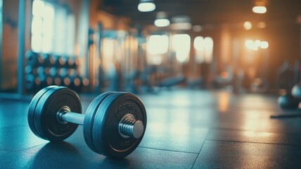 Dumbbell on gym floor with blurred equipment in background, under warm lighting