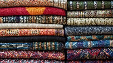 A stack of handwoven Bhutanese fabrics, showcasing the intricate patterns and vibrant colors used in traditional clothing.