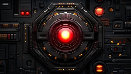 Futuristic Metal Panel with Red and Yellow Lights