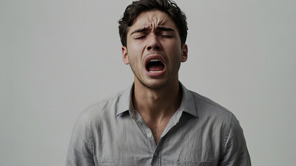 Obraz premium A young man is crying out in overwhelming sorrow. His face shows pure agony, mouth wide open, and his hands clutching his head in despai