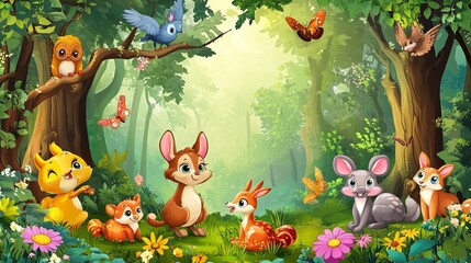 Fototapeta premium Adorable Forest Friends: Cute Cartoon Animals in Vibrant Playful Art