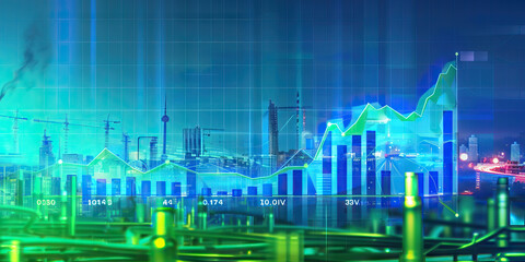 Industrial Growth Chart: A bar graph in vibrant blue and green showcases the steady rise of a corporation's revenue and employee count over time.