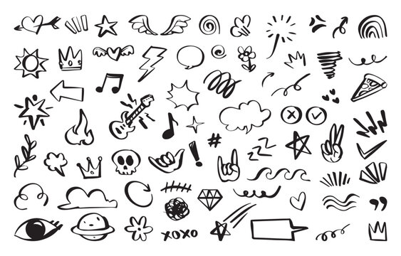 Hand drawn doodles featuring various icons like hearts, stars, and musical notes. Vector cartoon illustration