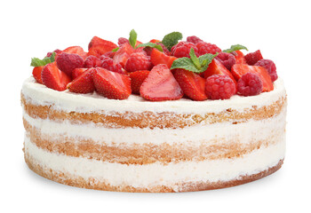 Tasty sponge cake with fresh berries and mint isolated on white