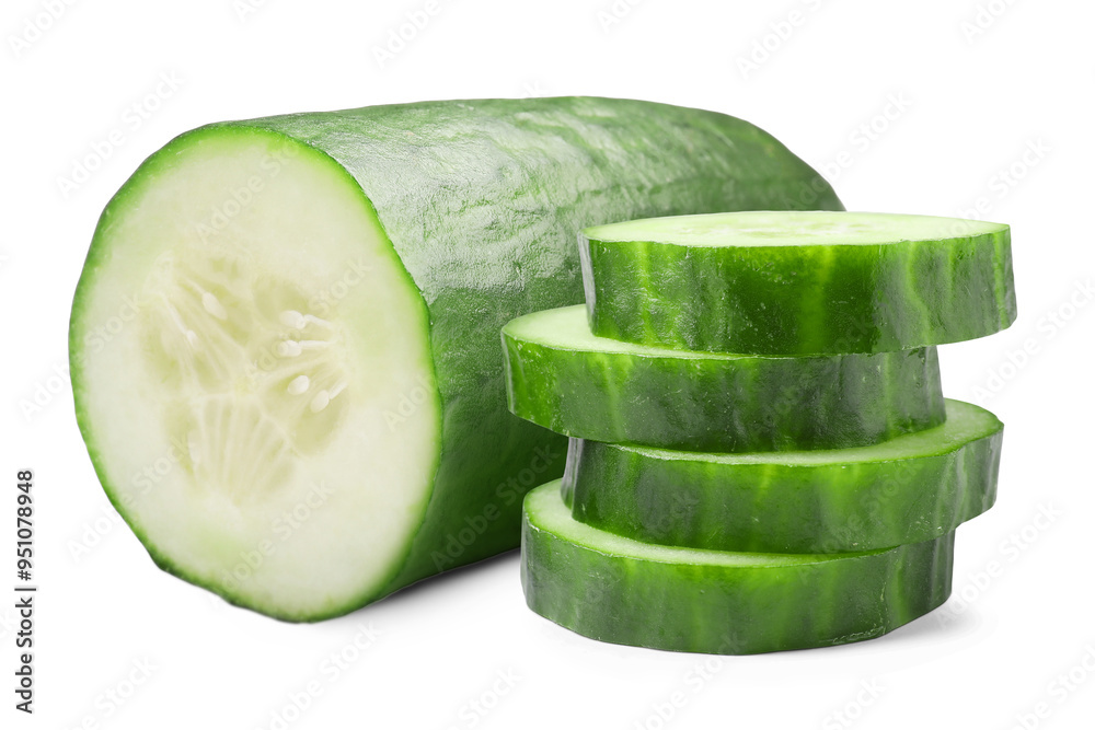 Wall mural Sliced fresh ripe cucumber isolated on white