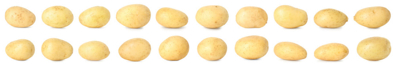 Many whole potatoes isolated on white, set