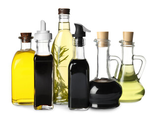 Different types of vinegar isolated on white, set
