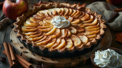 an apple pie with whipped cream on top