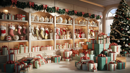 Obraz premium Christmas Decorations Gifts Ornaments and Christmas Tree in a Festive Interior