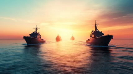 Obraz premium Naval ships sailing in formation during colorful sunset