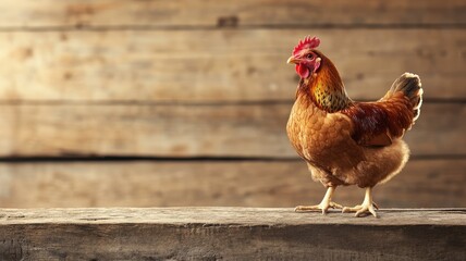 Brown rooster standing on wooden surface in front of rustic background