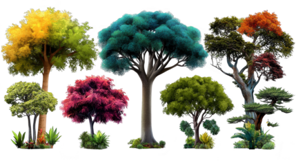 Collection of colorful trees  isolated transparent background