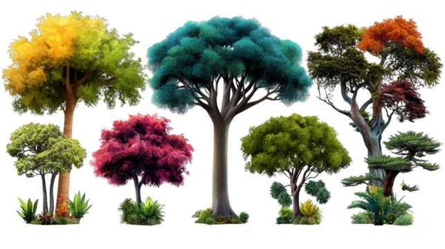 Collection of colorful trees  isolated transparent background