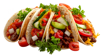 Delicious Ground Beef Tacos with Tomatoes  Onions  and Cucumbers
