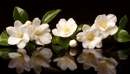 Obraz premium White Camellia Flowers with Green Leaves and Reflection