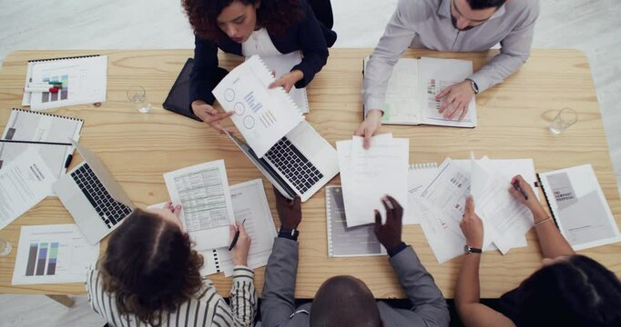 Top, portfolio or business people in meeting for report, agenda discussion or data analysis. Graphs, teamwork or group of workers in office giving, planning or speaking of document or audit paperwork