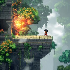 Fototapeta premium A lone figure stands atop a crumbling stone structure, shrouded in mist and overgrown with vibrant flora, suggesting a lost world.